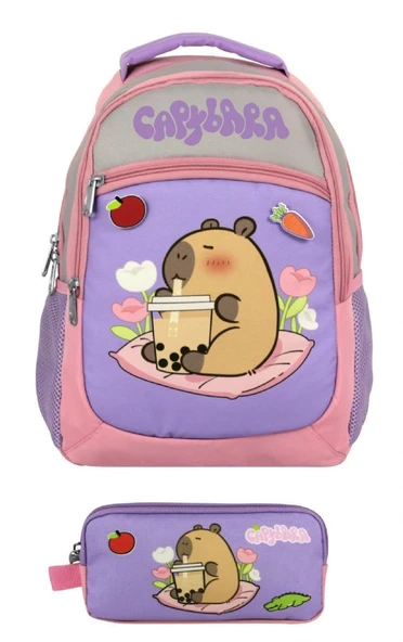 Capybara Kız Çocuk İlkokul Sırt Çantası ve İki Gözlü Kalemlik Seti - Mor - Pembe - SETCPB5233C - Resim 2
