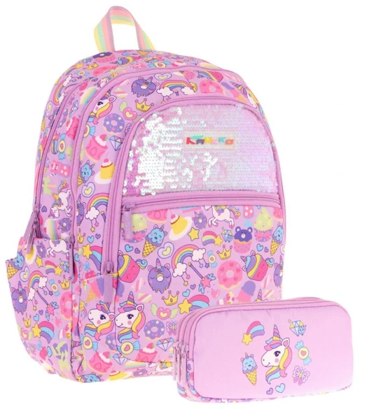 Kaukko Kids Kız Çocuk Okul Çantası ve Üç Bölmeli Kalemlik Seti (Lila - Pullu Sweet) - (L5215+L8215) ürün görseli