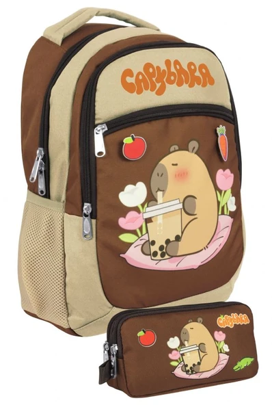 Capybara Erkek Çocuk İlkokul Sırt Çantası ve İki Gözlü Kalemlik Seti - Bej/Kahverengi - SETCPB5230C ürün görseli