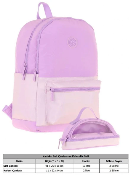 Kaukko Cube Okul Çantası ve İki Bölmeli Kalemlik Seti - Kız çocuk - Mor - K1821+K2732 - Resim 2