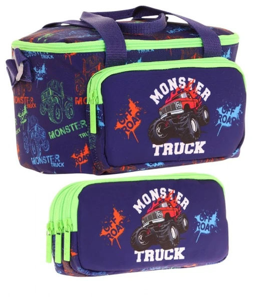 Kaukko (L7279+L8279) Beslenme Çantası (Isı Yalıtımlı) ve Kalem Çantası (Üç Bölme) Seti - Erkek Çocuk - Yeşil Lacivert Monster Truck ürün görseli