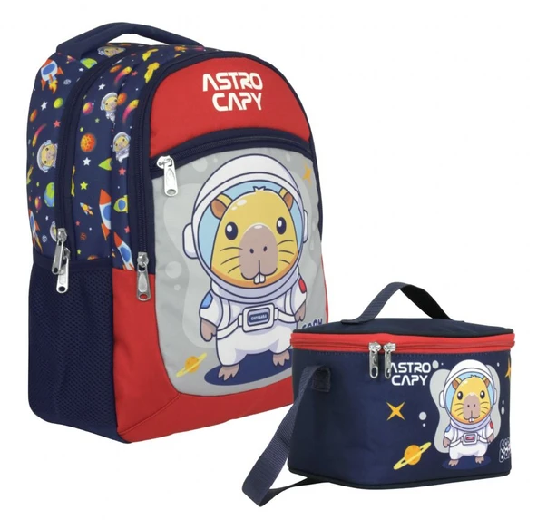 Capybara Erkek Çocuk Okul Sırt Çantası ve Beslenme Çantası Seti - Lacivert - Kırmızı - SETCPB5227B ürün görseli