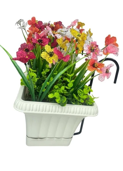 Yapay Çiçek Renkli Mini Mine Çiçekli Krem Küpeşte Askılı Balkon Çiçeği Balkon Saksısı - Resim 4