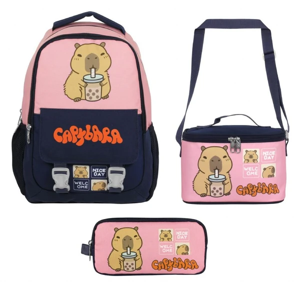Capybara (Kız Çocuk - Lacivert - Pembe) İlkokul Üçlü Çanta Seti - SETCPB5203A - Resim 2