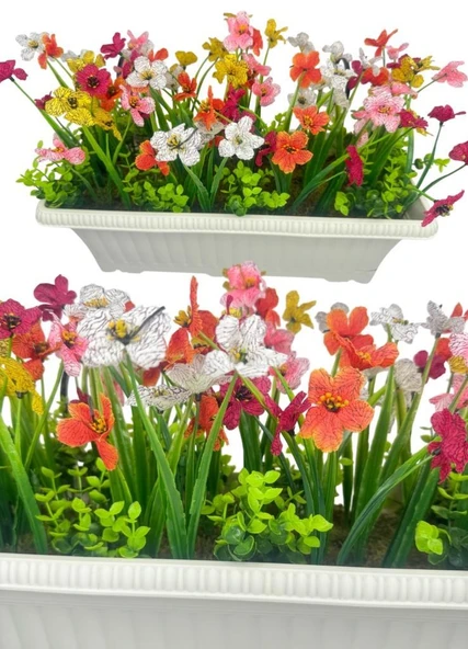 Yapay Çiçek Renkli Mini Mine Çiçekli Krem Küpeşte Askılı Balkon Çiçeği Balkon Saksısı - Resim 6