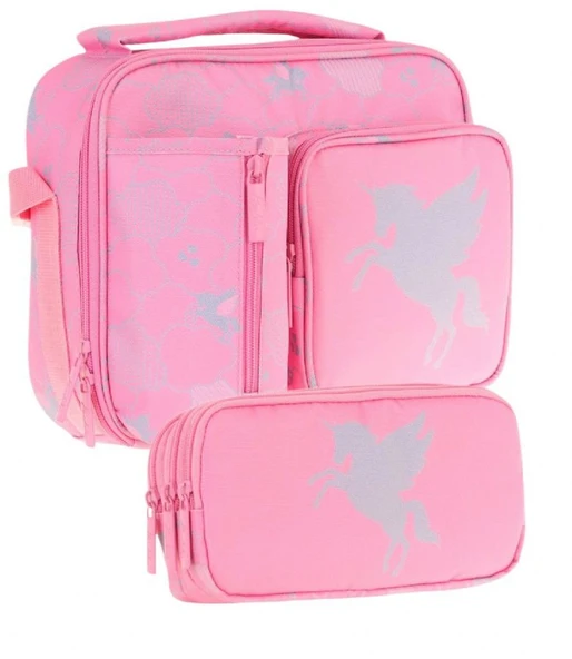 Kaukko Kids Kız Çocuk Pembe Bulut Desenli Üç Bölmeli Thermo Beslenme Çantası ve Kalemlik Seti (L7218+L8218) ürün görseli