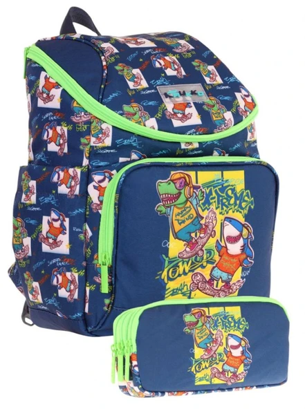 Kaukko Lacivert Yeşil, Dinazor Temalı, Erkek Çocuk Okul Çantası ve Kalem Çantası Seti - L5256+L8256 ürün görseli