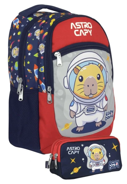 Capybara Erkek Çocuk İlkokul Sırt Çantası ve İki Gözlü Kalemlik Seti - Lacivert/Kırmızı SETCPB5227C ürün görseli