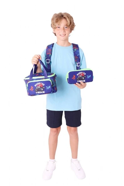 Kaukko Kids Armalı Kamyon Desenli Erkek Çocuk Üçlü İlkokul Okul Çantası Seti - Lacivert Yeşil - Resim 3