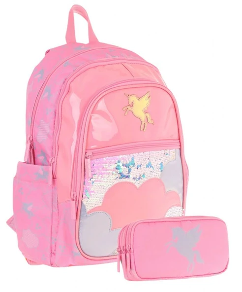 Kaukko Kids Kız Çocuk Okul Çantası ve Üç Bölmeli Kalemlik Seti (Pembe - Pullu Bulut ) - (L5218+L8218) ürün görseli