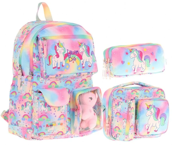 Kaukko Kids Kız Çocuk İlkokul Okul Çantası Seti - Peluş Unicornlu - Pembe (L5243+L7243+L8243) ürün görseli