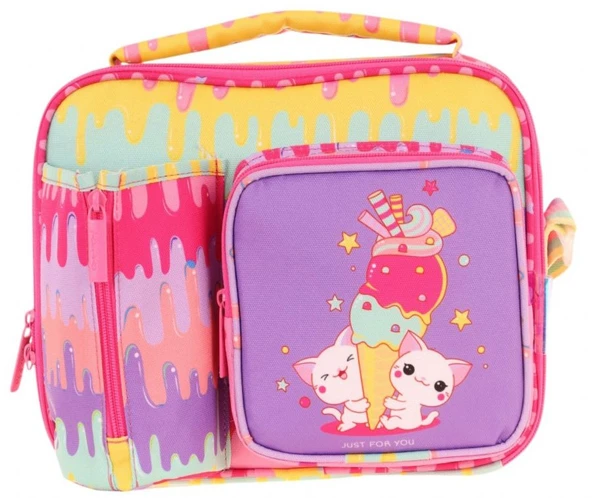 Kaukko Kız Çocuk, Sarı Mor, Dondurma Baskılı Isı Yalıtımlı Üç Bölmeli (Matara Cepli) Okul Beslenme Çantası L7247 - Resim 2
