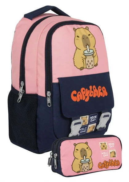 Capybara Kız Çocuk İlkokul Sırt Çantası ve İki Gözlü Kalemlik Seti - Lacivert - Pembe - SETCPB5203C ürün görseli