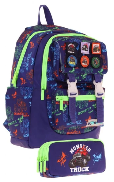 Kaukko Armalı Kamyon Desenli Okul Çantası + Kalemlik Seti (L5279+L8279) Erkek Çocuk - Lacivert Yeşil ürün görseli