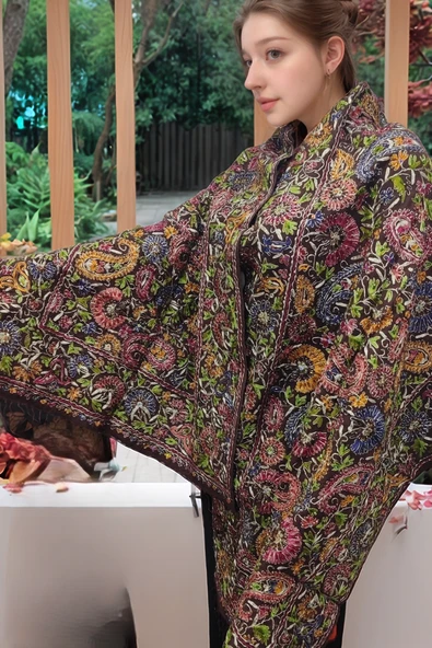 omuz Şal, El Yapımı Yün ve İpek, Boncuklarla Süslenmiş - 2