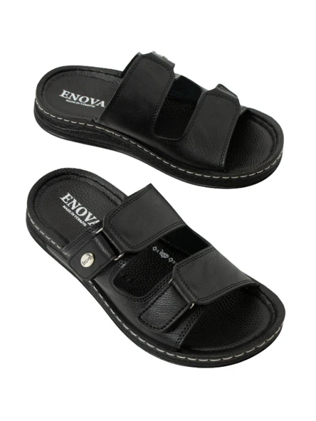 Enova Erkek Suni Deri Ortopedik Taban Çift Cırtlı Ayarlanabilen Dikişli Şık İçeri Dışarı Terliği BNT129 - Resim 5