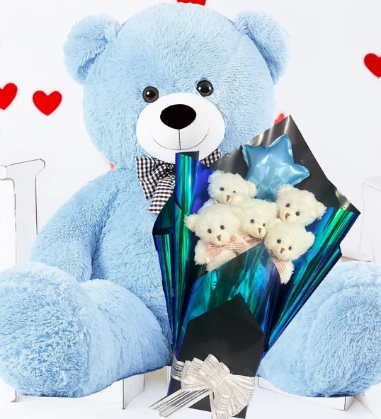 Premium 90 cm Peluş Ayı ve Yıldız Balonlu, Hologramlı Sunumda Beyaz Peluş Ayıcık Buketi ürün görseli