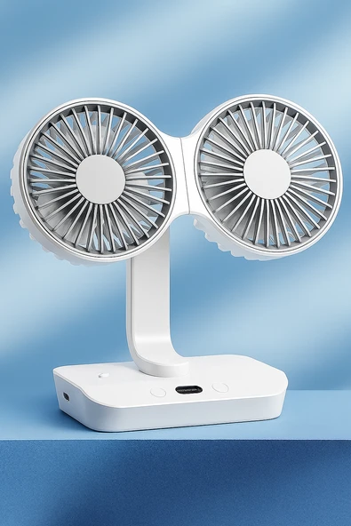 QASUL Şarjlı Çift Fanlı Vantilatör / Masaüstü Ayarlanabilir Fan / Salınım Özellikli ve LED Işıklı