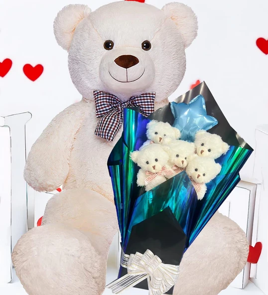 Premium 90 cm Peluş Ayı ve Yıldız Balonlu, Hologramlı Sunumda Beyaz Peluş Ayıcık Buketi - Resim 6