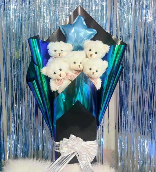 Premium 90 cm Peluş Ayı ve Yıldız Balonlu, Hologramlı Sunumda Beyaz Peluş Ayıcık Buketi - Resim 2