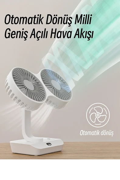 QASUL Şarjlı Çift Fanlı Vantilatör / Masaüstü Ayarlanabilir Fan / Salınım Özellikli ve LED Işıklı - 3