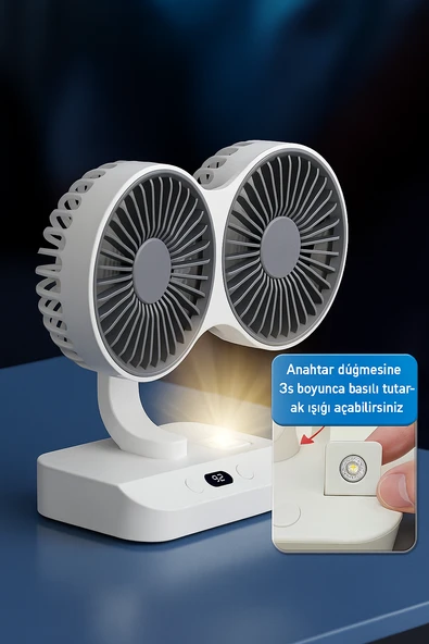 QASUL Şarjlı Çift Fanlı Vantilatör / Masaüstü Ayarlanabilir Fan / Salınım Özellikli ve LED Işıklı - 5