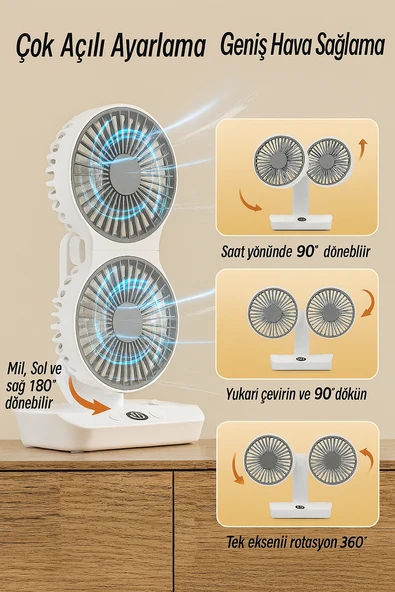 QASUL Şarjlı Çift Fanlı Vantilatör / Masaüstü Ayarlanabilir Fan / Salınım Özellikli ve LED Işıklı - 2