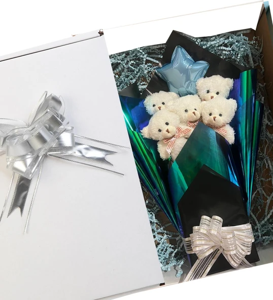 Premium 90 cm Peluş Ayı ve Yıldız Balonlu, Hologramlı Sunumda Beyaz Peluş Ayıcık Buketi - Resim 9