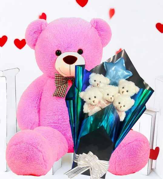 Premium 90 cm Peluş Ayı ve Yıldız Balonlu, Hologramlı Sunumda Beyaz Peluş Ayıcık Buketi - Resim 11