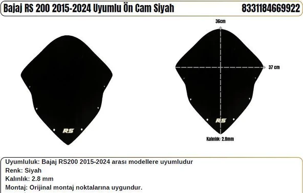 Bajaj Pulsar RS 200 Siyah (2015-24) Siperlik Camı
