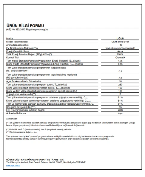 Uğur Ukm 3103 B101 10 Kg Çamaşır Kurutma Makinesi - Resim 3
