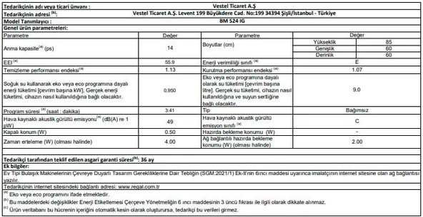 Regal BM 524 IG 5 Programlı 14 Kişilik Bulaşık Makinesi - Resim 5