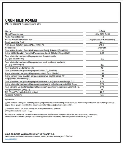 Uğur Ukm 3103 G101 10 Kg Çamaşır Kurutma Makinesi - Resim 6