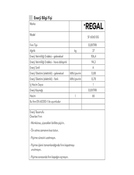 Regal SF 6060 DG 66 L 4 Gözü Gazlı Solo Fırın - Resim 3