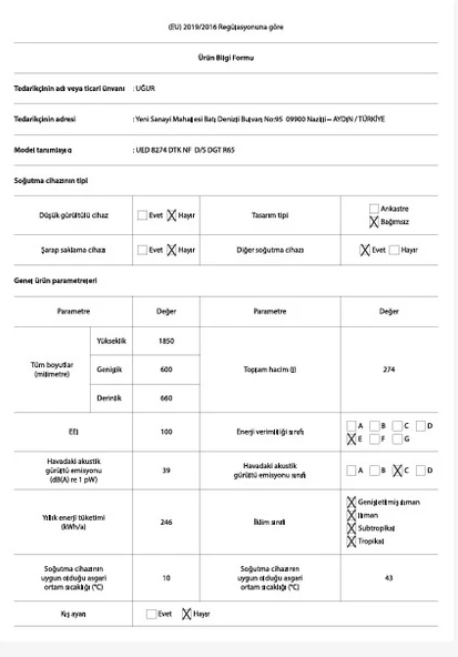 Uğur UED 8274 DTK NF D/S DGT R65 274 L Dikey Derin Dondurucu - Resim 7