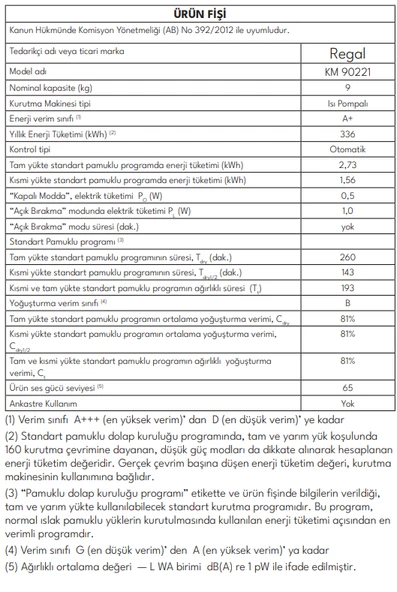 Regal KM 90221 9 KG Isı Pompalı Kurutma Makinesi - Resim 3