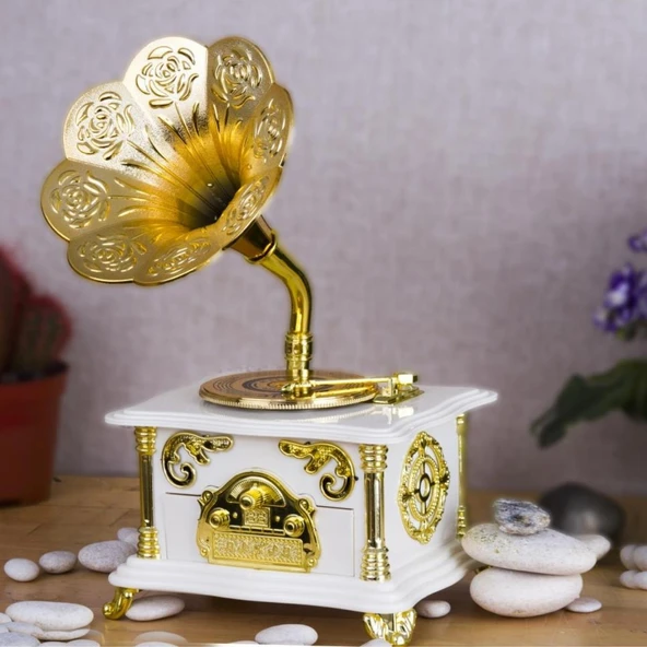 Gramofon Müzik Kutusu Beyaz 13x26cm - Resim 2