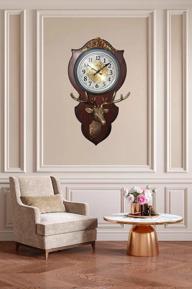 Duvar Saati Geyik Temalı Büyük Polyester Saat No.1 40 x 70 cm - Resim 5
