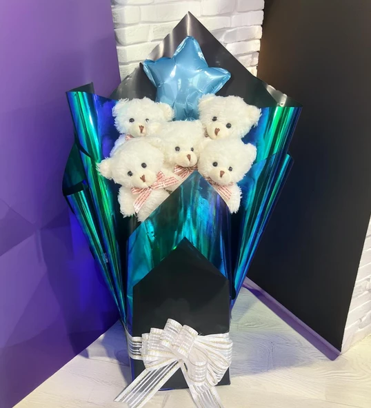 Premium Yıldız Balonlu, Hologramlı Sunumda Beyaz Peluş Ayıcık Buketi - Resim 3