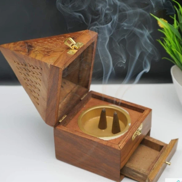 Konik Tütsü Yakma Kutusu Ahşap Piramit 16cm - Resim 5