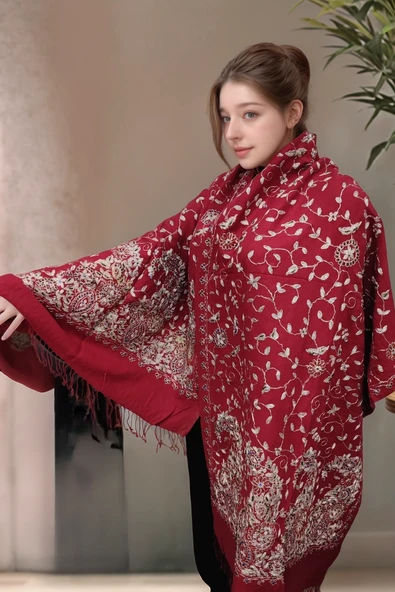 omuz Şal, El Yapımı Yün ve İpek, Boncuklarla Süslenmiş