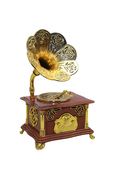 Gramofon Müzik Kutusu Kahverengi 13x26cm - Resim 6