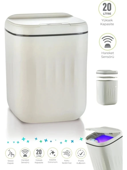Akıllı Teknolojik Antibakteriyel Sensörlü Çöp Kovası 20 Litre + Duvara Asılabilir Beyaz Silikon Klozet Fırçası - Resim 2