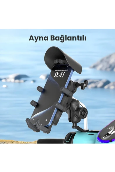 Ayna Bağlantılı Güneş ve Yağmur Korumalı 360° Derece Ayarlanabilir Motosiklet Telefon Tutucu - 5