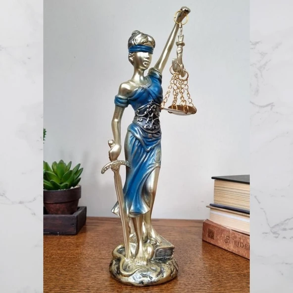 Themis Adalet Kadını Terazisi Heykeli Mavi Gold 24cm - Resim 5