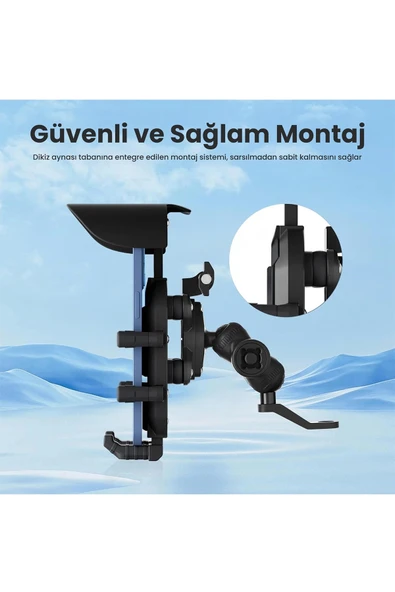 Ayna Bağlantılı Güneş ve Yağmur Korumalı 360° Derece Ayarlanabilir Motosiklet Telefon Tutucu - 7