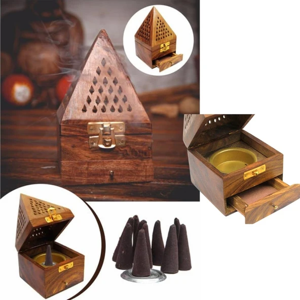 Konik Tütsü Yakma Kutusu Ahşap Piramit 16cm - Resim 2