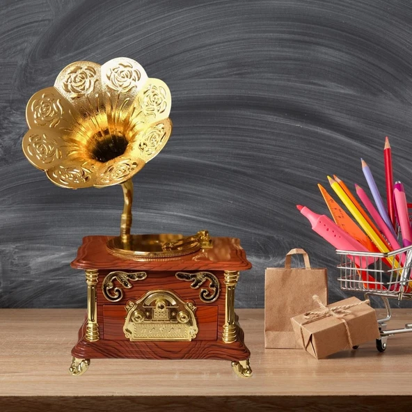 Gramofon Müzik Kutusu Kahverengi 13x26cm - Resim 2