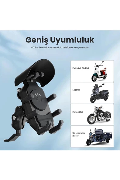 Ayna Bağlantılı Güneş ve Yağmur Korumalı 360° Derece Ayarlanabilir Motosiklet Telefon Tutucu - 6