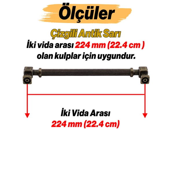 Talas 224 mm Çizgili Antik Sarı Metal Kulp Mobilya Çekmece Mutfak Dolabı Dolap Kulpları Kulb 22.4 cm - Resim 3